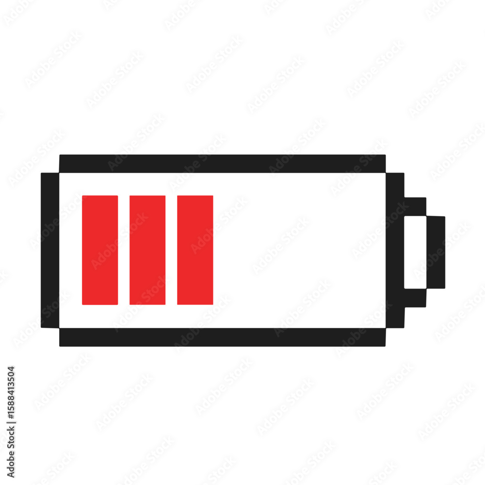 Obraz premium Battery icon with three red bars, low charge indicator, digital design, copy space