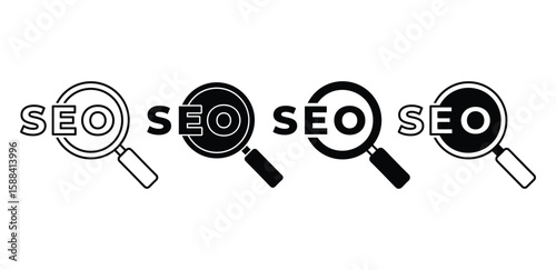SEO Audit Icon Set Black and White Magnifying Glass with SEO Text Vector Design