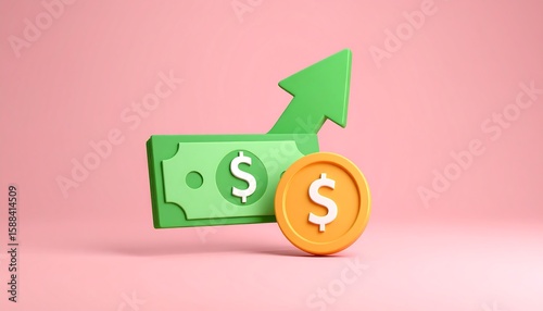 3D render of a green upward arrow, a dollar bill, and a coin, all on a pink background.  A simple financial concept