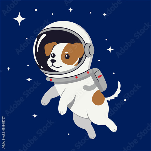 Cute dog in astronaut suit floating in space, playful illustration, adventure concept, copy space