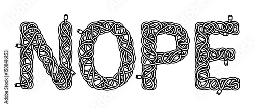Intricate tangled wire lettering for "NOPE", playful design illustration, modern concept