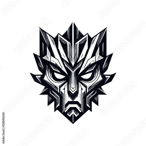 A tribal mask symbolizing strength, angular and bold