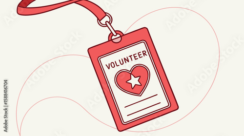 Volunteer ID Badge with Red Lanyard in Minimal Vector Style