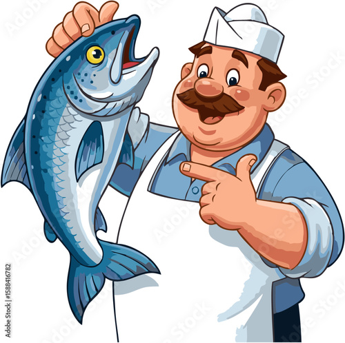 Cartoon fishmonger holding a large fish and pointing at it with a smile.