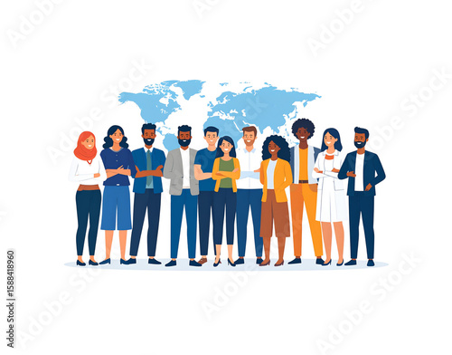 A diverse multicultural group of smiling professionals standing together as a unified team in a flat vector illustration style.