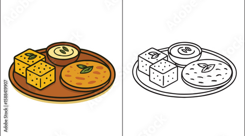 Traditional Gujarati Thali Vector – Dhokla, Thepla, and Shrikhand 