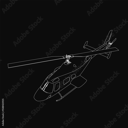 A detailed black and white contour drawing of a helicopter with four rotors, two engines, and a tail rotor. The stark white outline contrasts sharply against the solid black background.