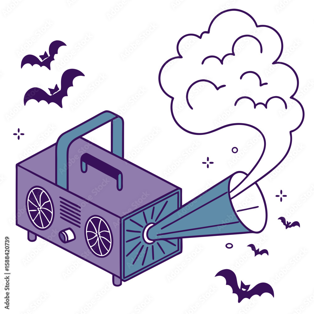 Halloween fog machine with bats and smoke in spooky style  