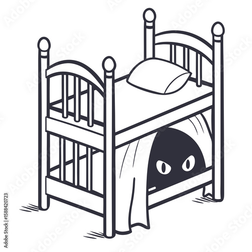 Cartoon bunk bed with hidden monster peeking from under sheets  