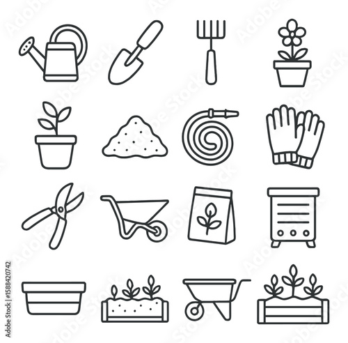 Gardening tools icon collection: simple line art shovel, rake, watering can, gloves, plant vector icons