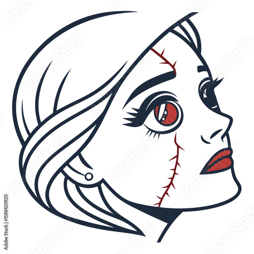 Young woman with stitched face in vintage illustration style  