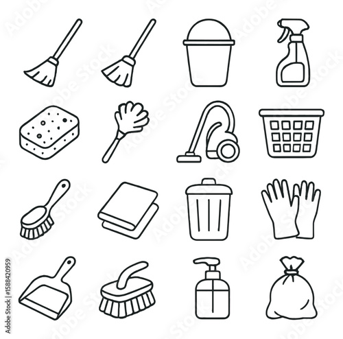 Cleaning tools icon collection. simple linear cleaning, brush, mop, bucket, gloves, bin vector icons.
