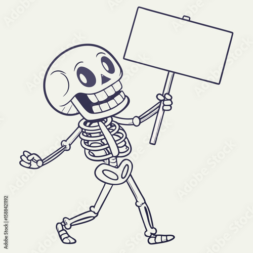 Cheerful cartoon skeleton holding blank sign while walking  