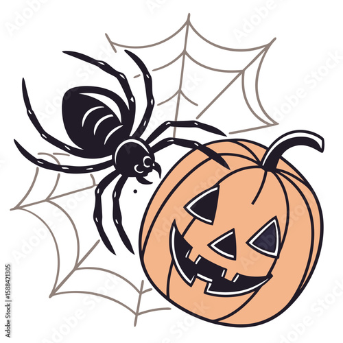 Halloween spider on web beside carved pumpkin decoration  
