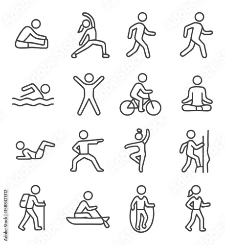 Exercise icon collection. diverse physical activities simple icons. yoga, running, cycling, swimming vector icons.
