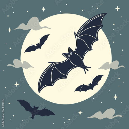 Bats flying in the night sky under a full moon and clouds  