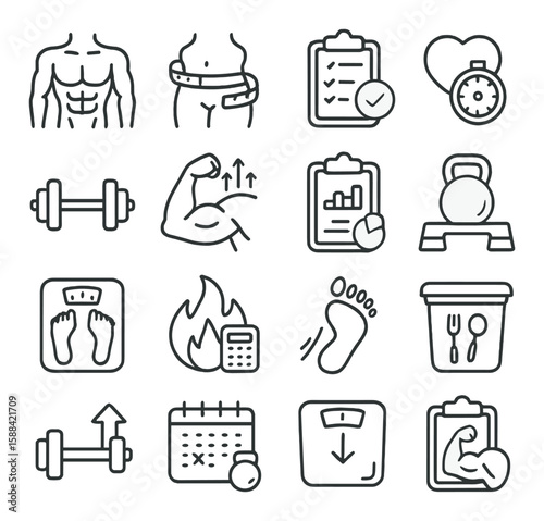Fitness progress icon collection. simple exercise, muscle, scale, heartbeat, weights, chart vector icons.