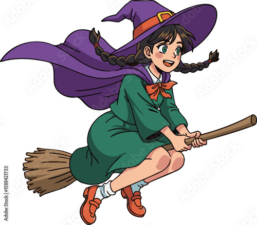 Cheerful Young Witch Girl Flying on Broomstick, Anime Flat Style Illustration