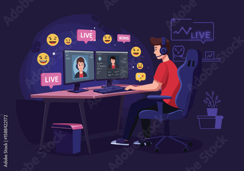 
Gamer streaming live on computer with emoticons, , Flat cartoon vector illustration
