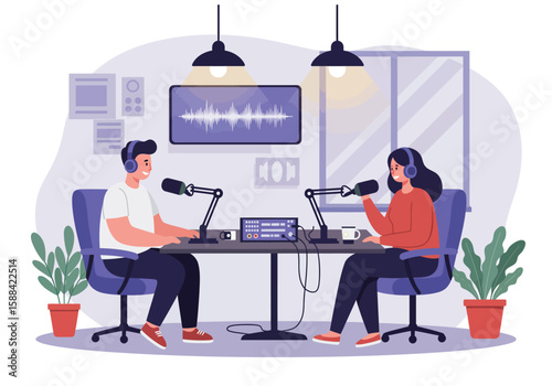 Podcast recording session man and woman interviewing Flat cartoon vector illustration