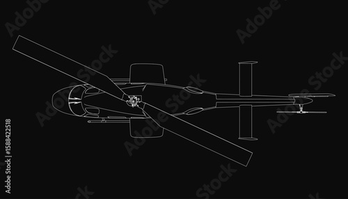 A detailed black and white contour drawing of a helicopter with clearly defined wingspan, tail, and propellers. The stark white outline contrasts sharply against the solid black background.