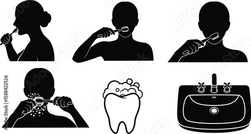 Vector art of a silhouette illustration showing the process of brushing teeth for dental hygiene, including a woman and man brushing, a tooth with foam, and a sink