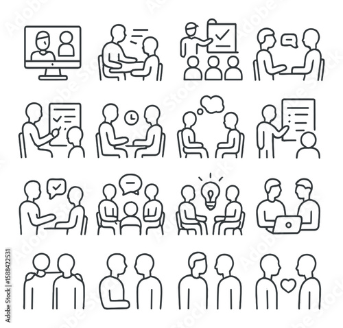 Coaching icon collection. simple linear coaching, training, meeting, discussion, idea vector icons