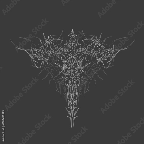neo tribal cross shaped cyber sigil vector design with intricate, spikes and symmetrical lines. Perfect for dark themed prints, tattoos, or digital art