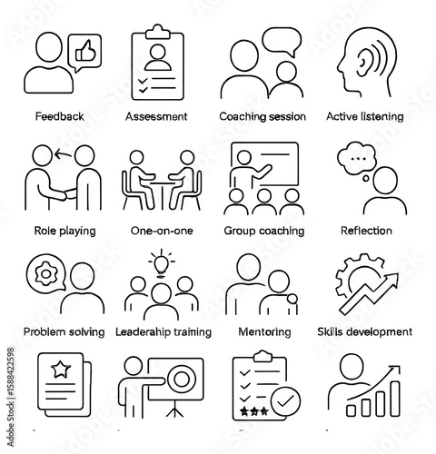 Coaching icon collection: simple linear icons for feedback, mentoring, training, skills, vector icons
