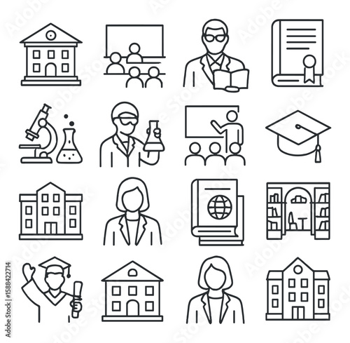 University icon collection. education elements in simple linear style: building, student, microscope, book, graduation, library vector icons.