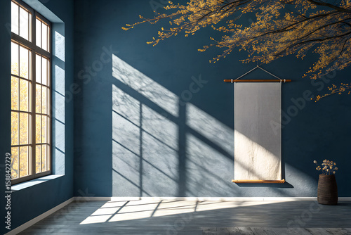 Tranquil blue room with sunlight casting window shadows. Blank hanging scroll mockup in a Japandi-style interior with golden autumn branches generative ai