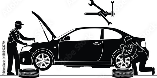 Vector art of a silhouette illustration of mechanics repairing a car, with one working the engine and another changing the tire
