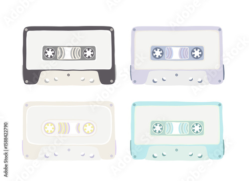 Set of illustrations of an audio cassette tapes with black, white, purple, blue colors and a cartoon cute flat design. Analog media for recording and listening to music.