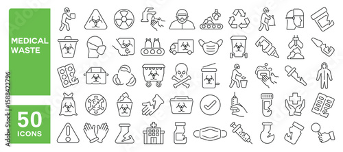 Set of 50 line icons related to medical waste, infectious, biohazard, disposal needles, syringe trash, Editable stroke. Vector illustration