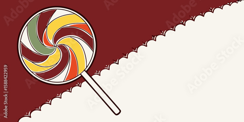 Vibrant color full swirl lollipop candy with rainbow colors on dark red white background vector illustration.
