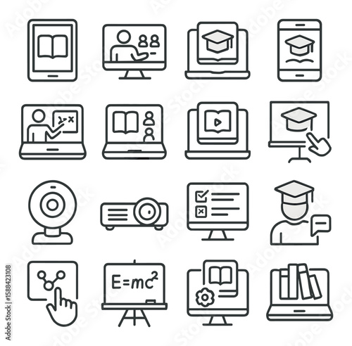 Educational technology icon collection. simple classroom, learning, online, graduation, digital tools vector icons