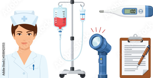 A healthcare professional in uniform stands near medical equipment, including an IV drip, thermometer, and medical tools.