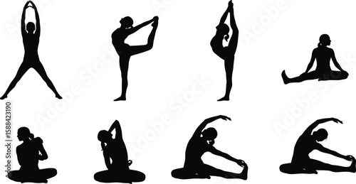 Vector art of silhouettes of women demonstrating various yoga poses