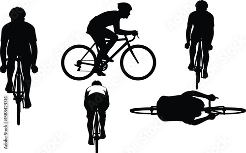 Vector art of silhouettes of cyclists in various positions a road bike