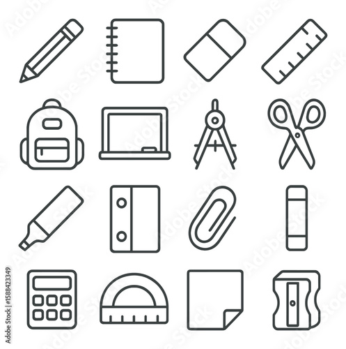School supplies icon collection: simple linear pencils, notebooks, scissors, rulers, calculators vector icons