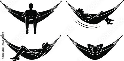 Vector art of silhouettes of a person relaxing in a hammock in various positions