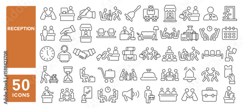 Set of 50 line icons related to reception, lobby, hospitality, office, guest, registration, receptionist, Editable stroke. Vector illustration