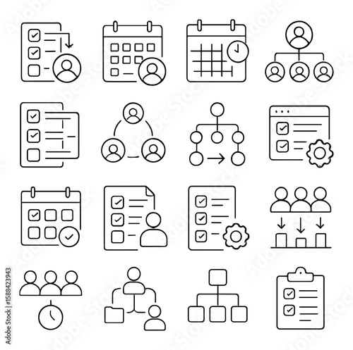 Collaborative workflow icon collection: simple linear teamwork, calendar, task, organize vector icons