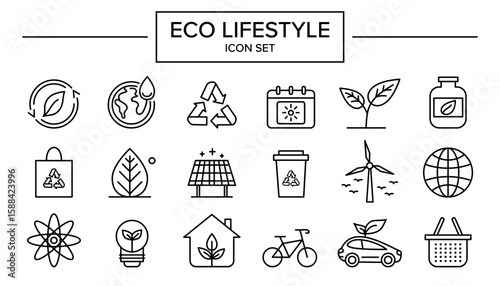 Set of eco lifestyle icons in clean line art style. Green energy, recycling, sustainability and environment