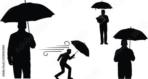 Vector art of silhouettes of people with umbrellas in various poses, including standing, walking in the wind, and holding an umbrella