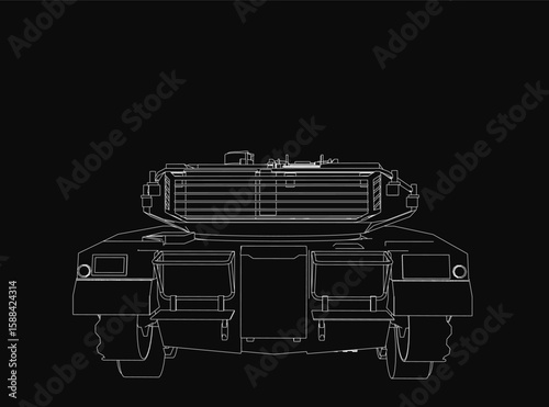 A black and white contour drawing of a military tank, featuring clean lines and sharp details against a solid black background. The armored vehicle is depicted in a minimalist style with precise.
