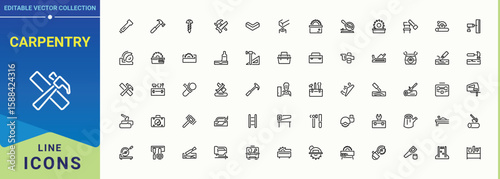 Carpentry vector line icon set. Set of line pictogram. Contains related to wood craft, tools, carpenter, handyman, craft, tool. Editable vector art. Carpentry icon set.