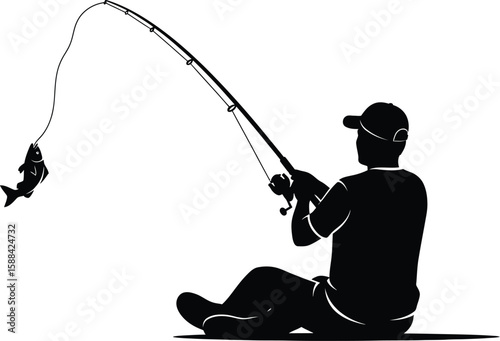 Vector art of silhouette of a fisherman sitting and catching a fish with a fishing rod