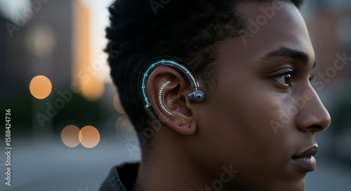 Young man with an advanced hearing device, showcasing technological advancement and connectivity in a city environment