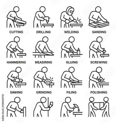 Workshop icon collection. simple workshop tools flat icons. cutting, drilling, welding, sanding, hammering, gluing, sawing, vector icons.
